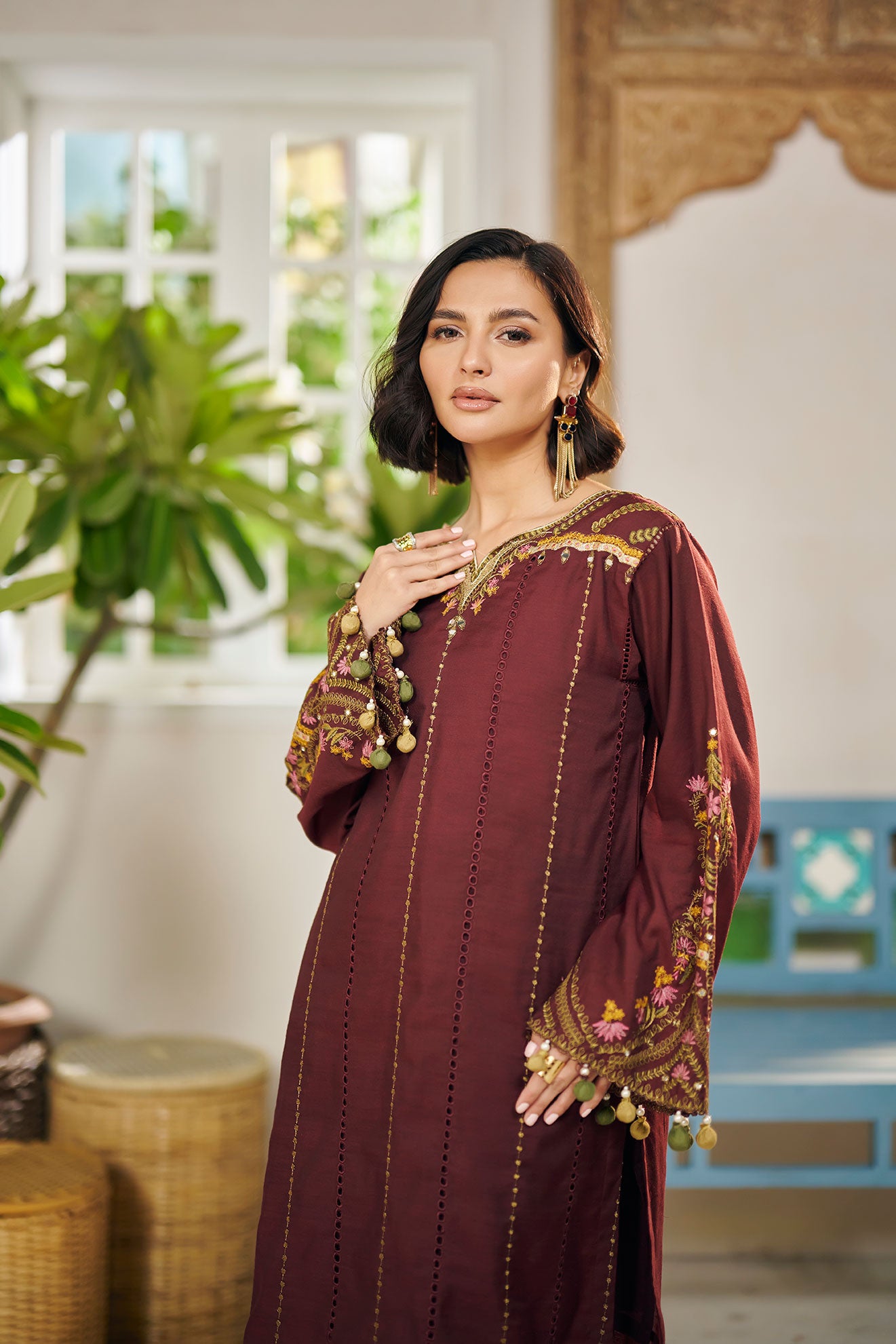 DC-2056 MAROON 2PCS  EMBROIDERED KURTA WITH TROUSER