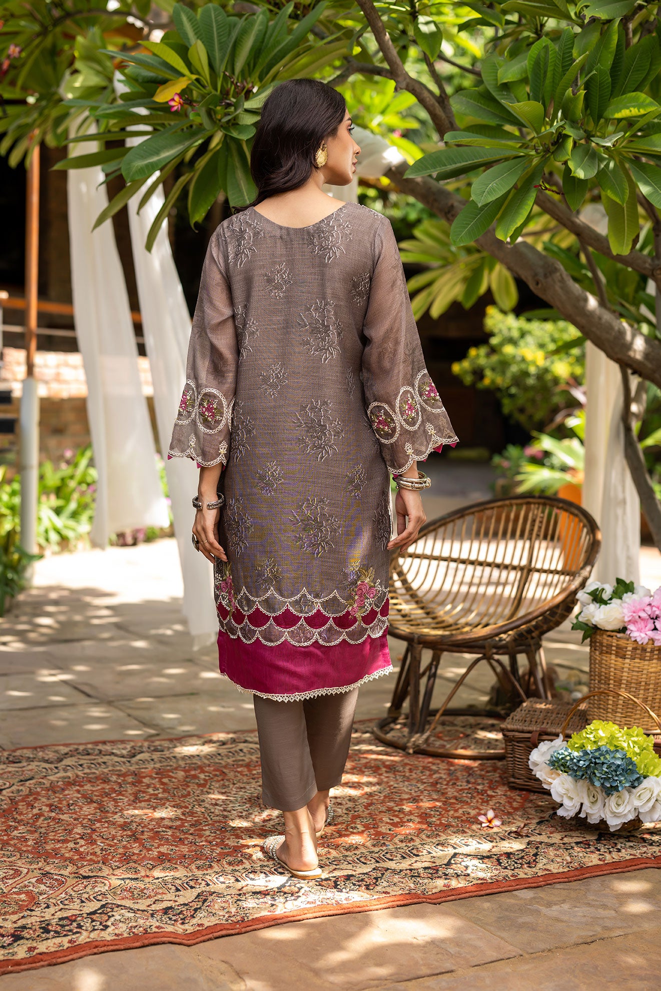 DC-2097 BROWN 2PCS  EMBROIDERED KURTA WITH TROUSER