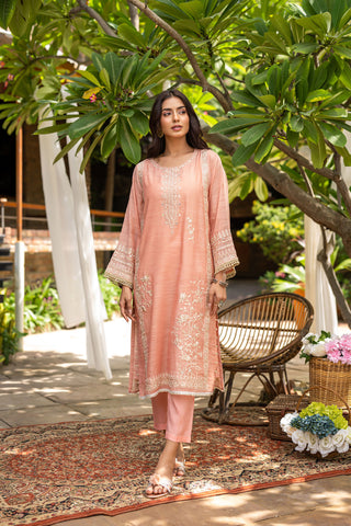 DC-2102 PEACH 2PCS  EMBROIDERED KURTA WITH TROUSER