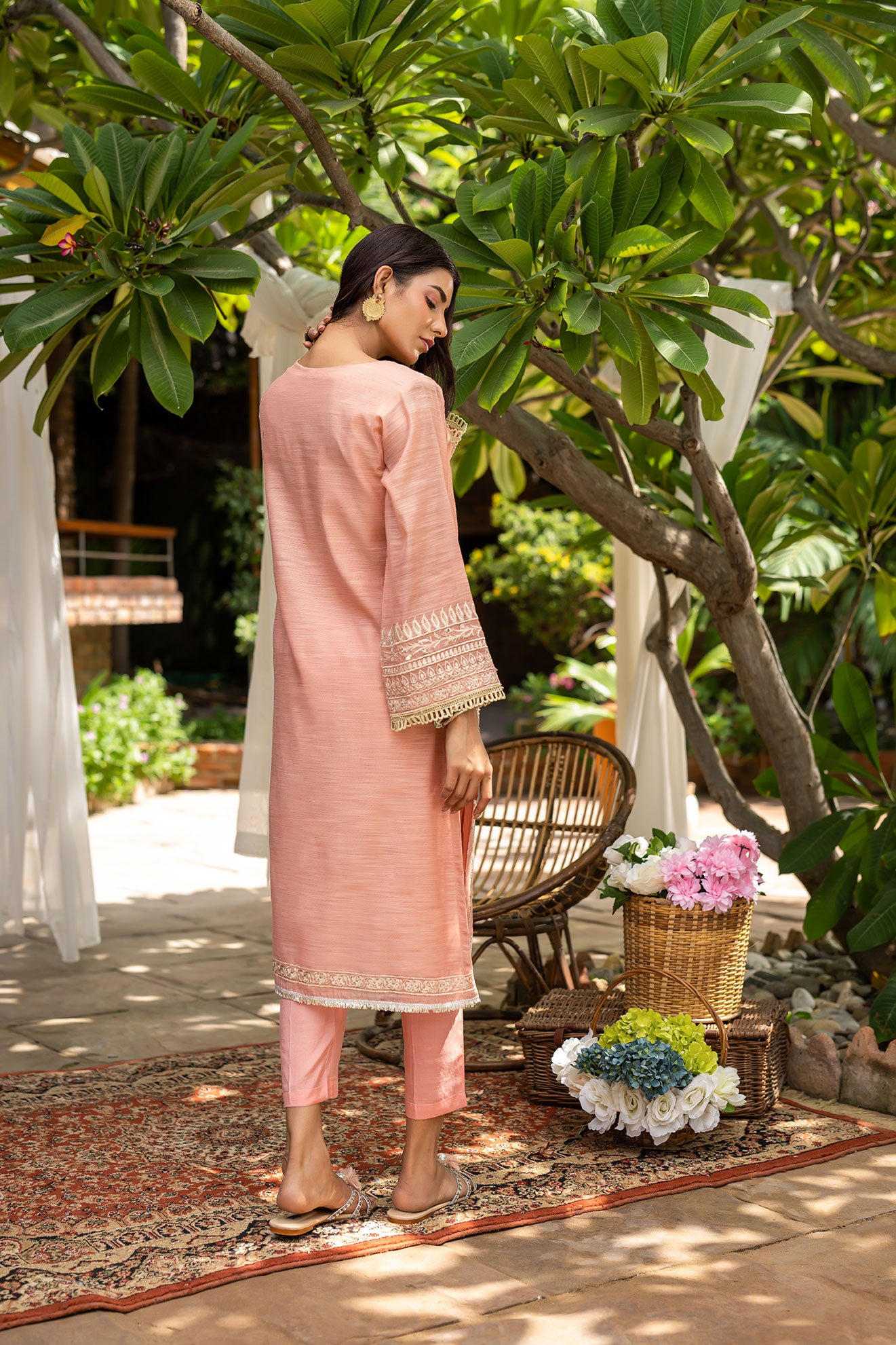 DC-2102 PEACH 2PCS  EMBROIDERED KURTA WITH TROUSER