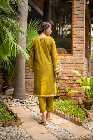 DC-2105 GREEN 2PCS  EMBROIDERED KURTA WITH TROUSER
