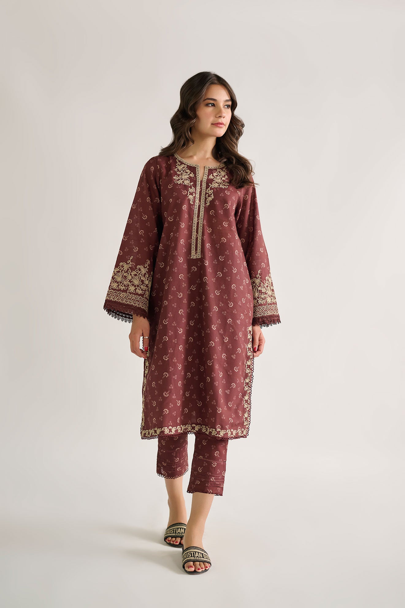 DC-2118 BROWN KHADDAR 2PCS EMBROIDERED KURTA WITH TROUSER
