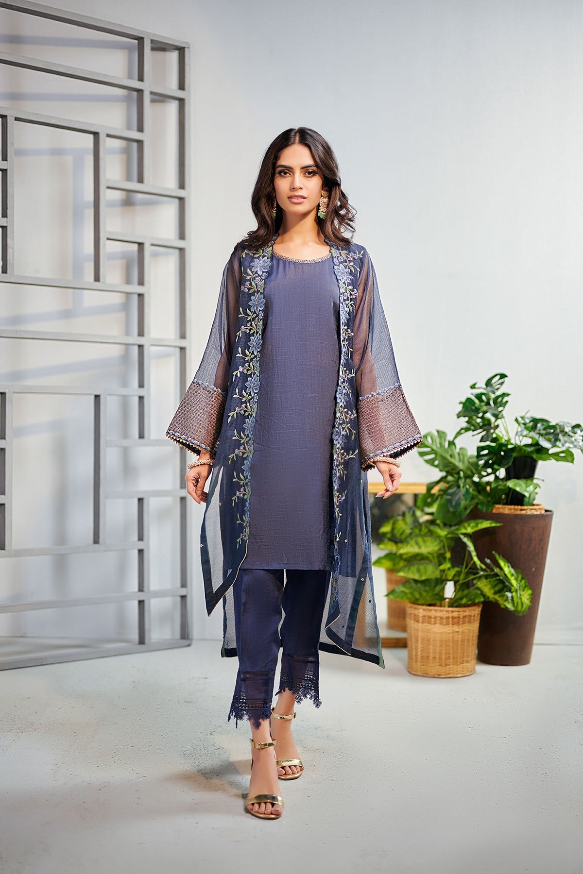 DA-1468 Blue  EMBROIDERED KURTA WITH TROUSER