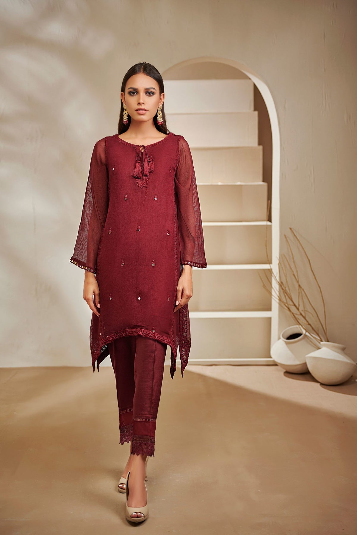 DA-1388 Maroon EMBROIDERED KURTA